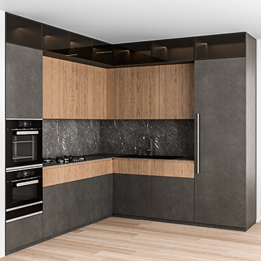 Sleek Black & Wood Kitchen 3D model image 1 