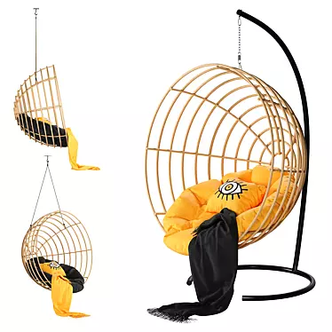 Natural Yellow Rattan Hanging Chair Set 3D model image 1 