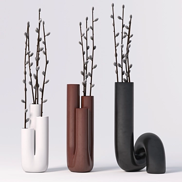 Abstract Ceramic Tube Vases with Willow 3D model image 1 