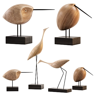 Modern Teak Bird Sculpture Set 3D model image 1 