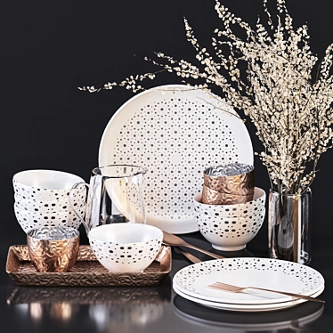 Monochrome Dinnerware Set with Glass 3D model image 1 