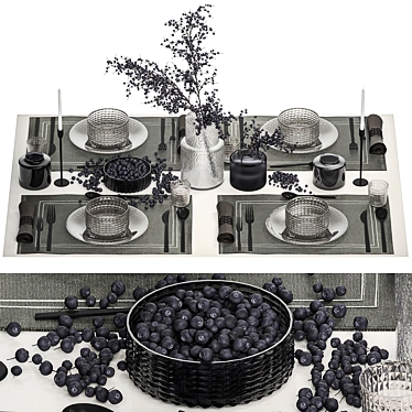 Table setting for 4 people ikea, zara home with luxury decor, bouquet of blueberry branches, berry bowl.19.