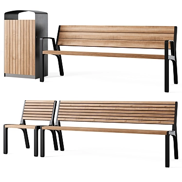 Miela Park Bench with Prax Trash Bin 3D model image 1 