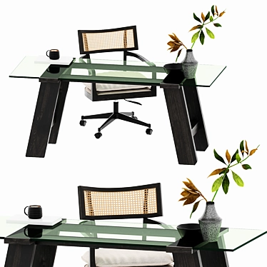 Rattan Cane Desk Chair Set 3D model image 1 