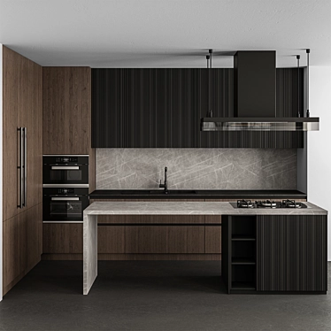 Sleek Wood & Black Kitchen 3D model image 1 