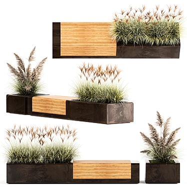 Rustic Bench with Ornamental Grasses 3D model image 1 