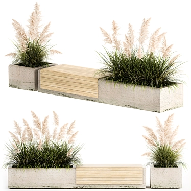 Urban Concrete Bench with Reeds & Pampas Grass 3D model image 1 