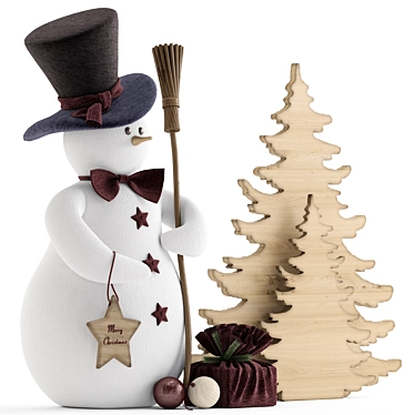 Festive Snowman & Wooden Tree 3D model image 1 