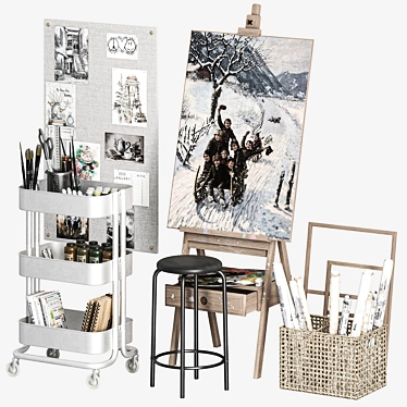 Artist Easel & Utility Cart Set 3D model image 1 