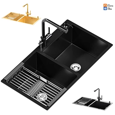 Gold Stainless Double Bowl Kitchen Sink 3D model image 1 