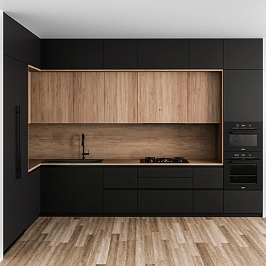 Sleek Wood & Black Kitchen 3D model image 1 