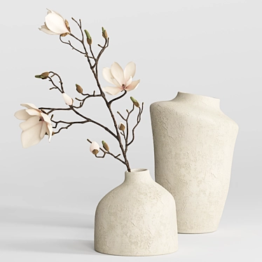 Nordic Terracotta Vases with Magnolia 3D model image 1 