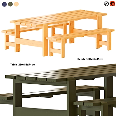 Modern Wood Table and Bench 3D model image 1 