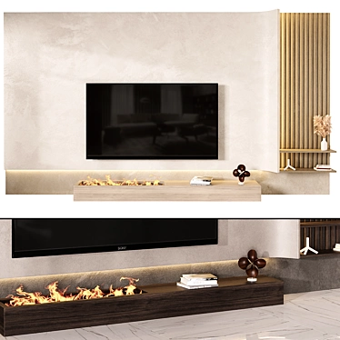 Rustic Stone Wood TV Wall 3D model image 1 