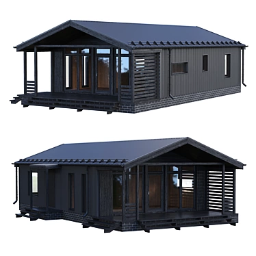 A black barnhouse with panoramic glazing and a terrace.