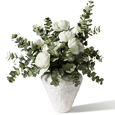 Bouquet with eucalyptus and peonies in a white clay vase