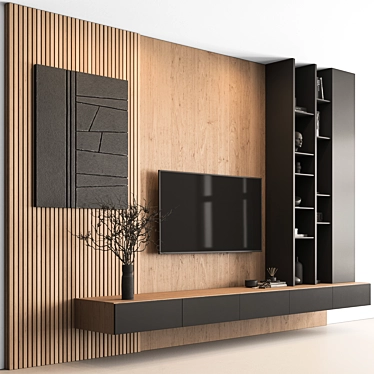 Modern Black Wood TV Wall 3D model image 1 