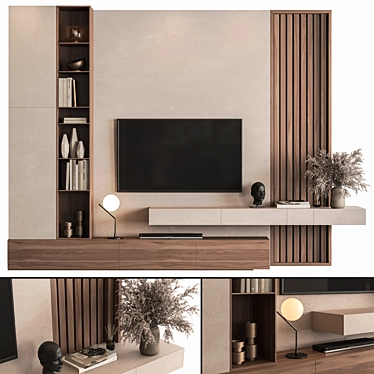 Modern Concrete Wood TV Wall 3D model image 1 