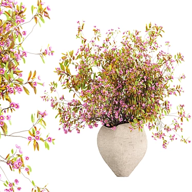 Green branches with tiny flowers in a decorative concrete pot