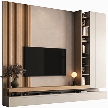 Modern Concrete and Wood TV Wall 3D model image 1 