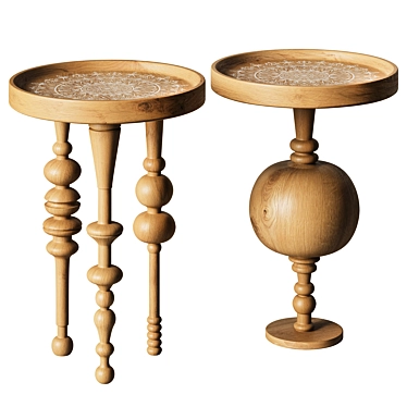 Arabesque Oak Wood Side Tables 3D model image 1 