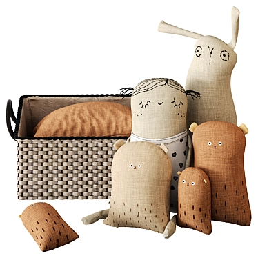 Textile Toy Set with Woven Basket 3D model image 1 