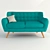 Elegant Blue Sofa with Wooden Legs 3D model small image 1